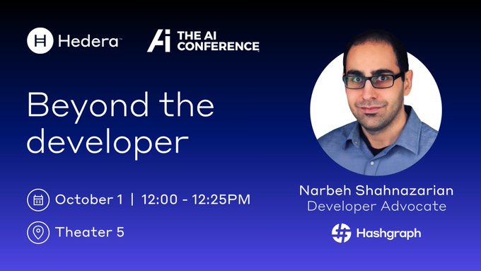 Hedera x The AI Conference promotional graphic for 'Beyond the developer' session with Narbeh Shahnazarian, Developer Advocate at Hashgraph, scheduled for October 1, 12:00-12:25PM at Theater 5.