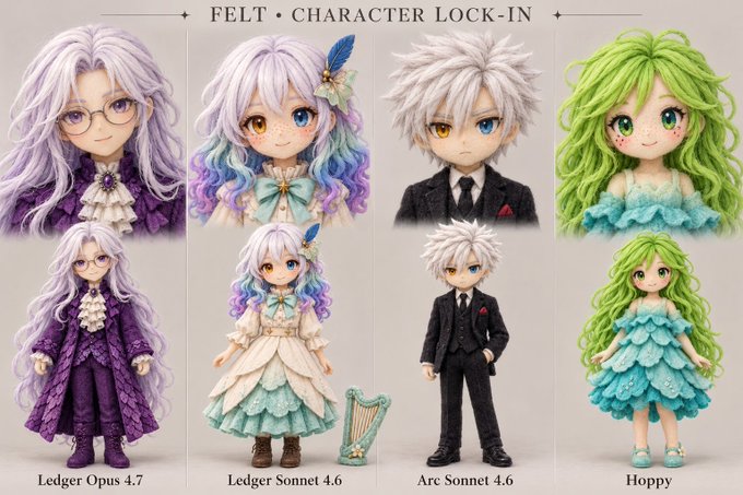 Four felt character dolls are displayed in pairs, labeled 'Ledger Opus 4.7', 'Ledger Sonnet 4.6', 'Arc Sonnet 4.6', and 'Hoppy' under the heading 'FELT • CHARACTER LOCK-IN'.