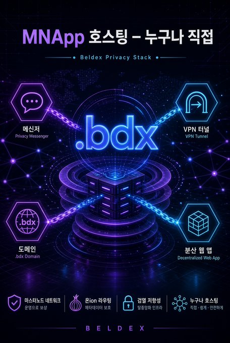 A neon-lit promotional graphic for Beldex's privacy stack, titled "MNApp 호스팅 - 누구나 직접" (MNApp Hosting - Anyone Can), showcases four core features—Privacy Messenger (.bdx), VPN Tunnel, .bdx Domain, and Decentralized Web App—connected by glowing chains around a central server icon, illustrating how MNApp enables users to deploy private services linked to .bdx domains via masternodes and onion routing, matching the post's tutorial on launching BelNet-hosted web services without exposing server IPs.