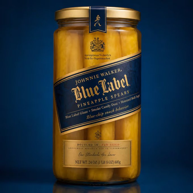 A jar labeled 'JOHNNIE WALKER Blue Label PINEAPPLE SPEARS' featuring text 'Blue Label Glaze + Smoke Candy Dust + Honeyed Malt Sugar' and 'Blue-chip snack behavior' with 'Anonymous Nobody's Not-So-Supermarket' branding on a blue background.