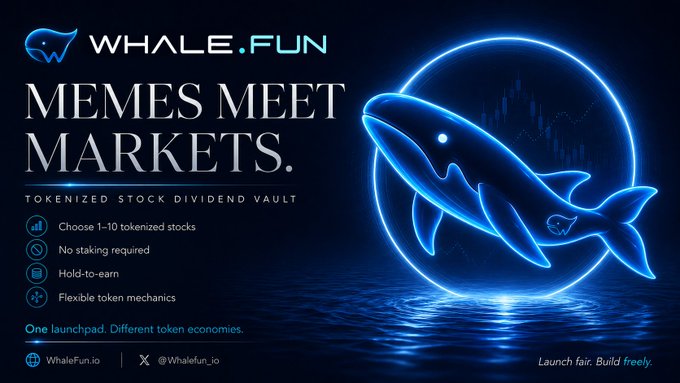 A promotional graphic for 'WHALE.FUN' featuring a glowing blue neon whale logo with the tagline 'MEMES MEET MARKETS.' promoting a tokenized stock dividend vault with features like 'Choose 1-10 tokenized stocks' and 'No staking required.'