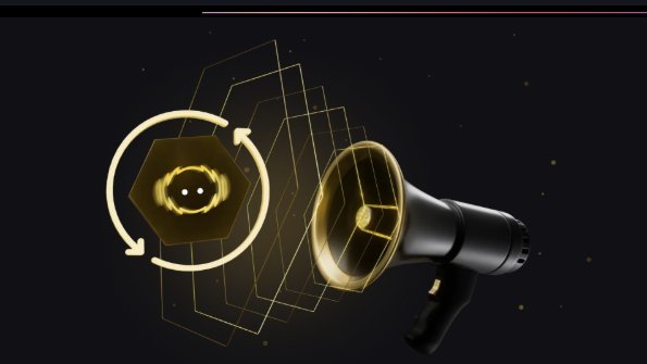 A golden megaphone broadcasts a stylized "DAC" logo encircled by rotating arrows and geometric layers, visually promoting the @dac_chain quantum-secure Layer 1 blockchain mentioned in the post.