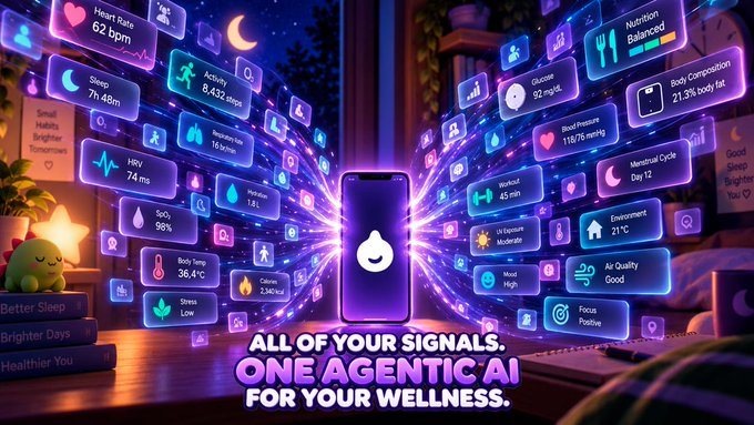 A vibrant promotional graphic displays a smartphone surrounded by floating holographic health and wellness data tiles including 'Heart Rate 62 bpm', 'Sleep 7h 48m', 'HRV 74 ms', 'Body Composition 71.3% body fat', and more, with the tagline 'ALL OF YOUR SIGNALS. ONE AGENTIC AI FOR YOUR WELLNESS.'
