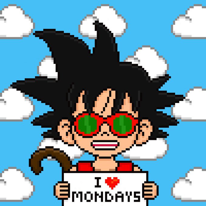 Pixel art displays a smiling spiky-haired boy with red glasses and a tail, holding a sign that reads "I [red heart pixel art] MONDAYS" against a blue sky with white clouds.