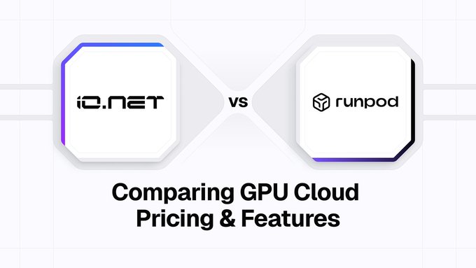 The image is a graphic comparing GPU cloud pricing and features between io.net and RunPod, displayed in two octagonal badges separated by a "VS" label.

This visual relates to the post by framing io.net as a competitive alternative to established GPU providers like RunPod, emphasizing io.net's positioning as a more accessible and decentralized compute option without waitlists, inventory caps, or hyperscaler markups.