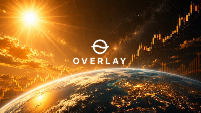 A stylized graphic showing Earth from space with a rising sun, overlaid with candlestick stock charts and the word 'OVERLAY' beneath a circular logo.