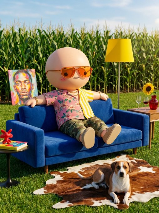 A 3D-rendered bald character in a pink floral shirt, orange sunglasses, and camo pants lounges on a blue couch in a cornfield, accompanied by a beagle on a cowhide rug.