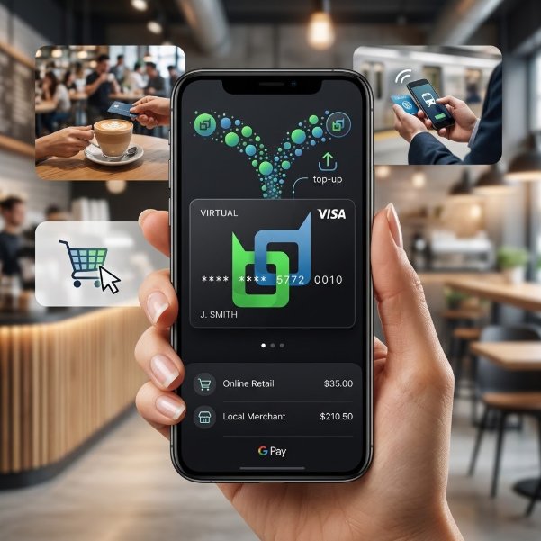 A hand holds a smartphone displaying a virtual Visa card within the GPay app, showing recent transactions for Online Retail and Local Merchant, overlaid with icons for contactless payments and shopping.