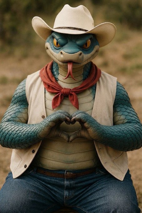 A 3D-rendered image of a snake character wearing a cowboy hat, red bandana, white vest, and blue jeans, making a heart shape with its hands.