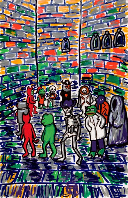 A colorful, abstract painting depicts various cartoon figures, including skeletons, frogs, and humans, against a brick-patterned background.