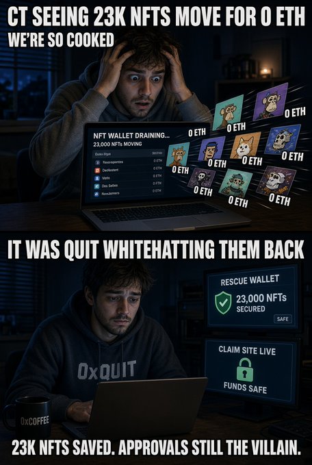 A two-panel meme about NFT security: the top shows a panicked man watching 23,000 NFTs being drained from a wallet for 0 ETH, while the bottom shows him successfully rescuing them via a white-hat operation, with text noting '23K NFTS SAVED. APPROVALS STILL THE VILLAIN.' and 0xQUIT branding.
