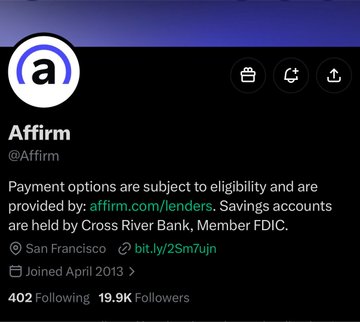 This image shows the X (formerly Twitter) profile page for Affirm (@Affirm), featuring their logo and bio noting that payment options are provided through affirm.com/lenders and savings accounts are held by Cross River Bank, Member FDIC. The profile shows they are based in San Francisco, joined April 2013, with 402 Following and 19.9K Followers. The accompanying post references Affirm, Cross River Bank, and Ripple's ticker (X), connecting the social media handle displayed in the image to the financial entities mentioned.