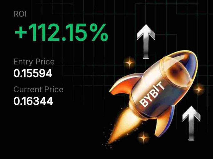 A promotional graphic for the cryptocurrency exchange Bybit showing a rocket ship labeled 'BYBIT' blasting off, with statistics displaying an ROI of +112.15%, an Entry Price of 0.15594, and a Current Price of 0.16344 against a dark grid background.