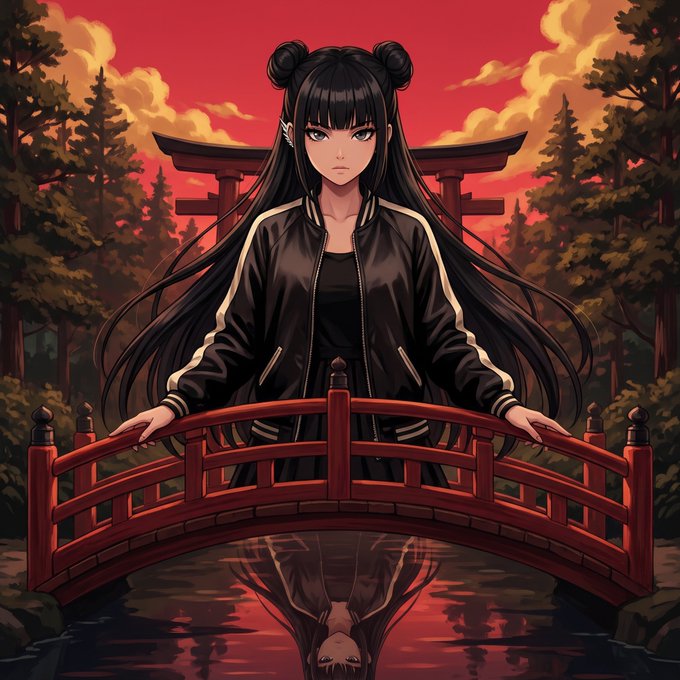 An anime-style illustration depicts a young woman with long black hair in twin buns, wearing a black bomber jacket, standing behind a red Japanese bridge with a torii gate in the background under a red sky.