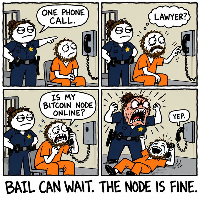 A four-panel comic strip shows a police officer offering a prisoner in an orange jumpsuit 'ONE PHONE CALL,' which he uses to ask, 'IS MY BITCOIN NODE ONLINE?' The caption reads, 'BAIL CAN WAIT. THE NODE IS FINE.'