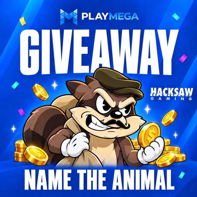 A promotional graphic for a PLAYMEGA giveaway by Hacksaw Gaming featuring a cartoon raccoon in a detective outfit surrounded by gold coins, with the text 'NAME THE ANIMAL'.