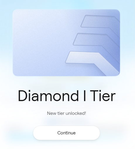 The image shows a white sign with black text that reads "Diamond I Tier", which appears to be an advertisement for a new tier system or a diamond-shaped item, possibly related to gaming or a digital currency. The sign also mentions that there is a new tier unlocked and encourages users to continue using the service.