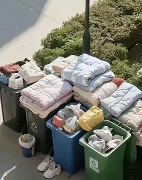 Discarded bedding and dorm supplies piled high in recycling and trash bins outside, including a trash bin labeled with a recycling symbol, humorously illustrating the "luxurious" college student's moving-out debris.