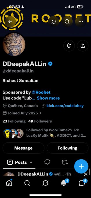 A Twitter/X profile for 'DDeepakALLin' (@ddeepakallin) lists the bio as 'Richest Somalian', sponsored by @Roobet, based in Québec, Canada with 4K followers.