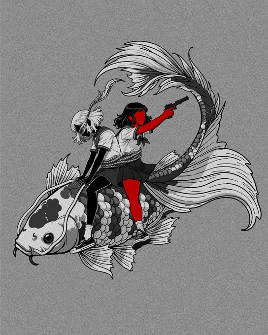 Black and white illustration with red accents depicting a schoolgirl holding a gun and riding a giant koi fish, on a gray background.