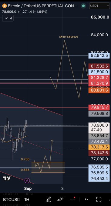 A Bitcoin/TetherUS perpetual contract chart on TradingView shows BTC trading at 78,906.0 (+1.64%) with an annotated "Short Squeeze" projection pointing toward the 82-84k range, illustrating the trader's anticipated price targets.