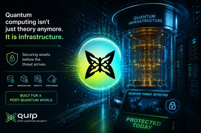 The image features a large blue computer server surrounded by various icons for different types of security measures, including a butterfly symbol and an airdrop logo. The main focus is a small black butterfly icon placed in the center of the screen, which says "Quantum computing isn't just theory anymore". Below this, there's text explaining that it's infrastructure.