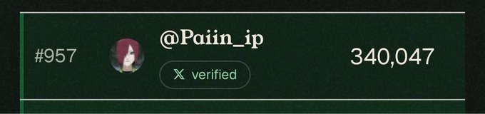 A dashboard entry for verified user @Pain_ip ranked #957 with a score of 340,047.
