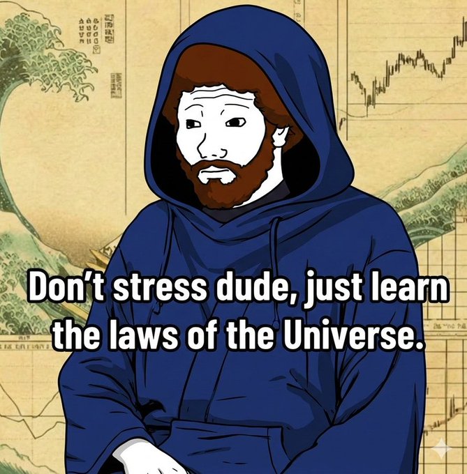 A Wojak-style character in a blue hoodie with a concerned expression stands before a background featuring the Great Wave off Kanagawa and financial/stock charts, with text reading "Don't stress dude, just learn the laws of the Universe."
