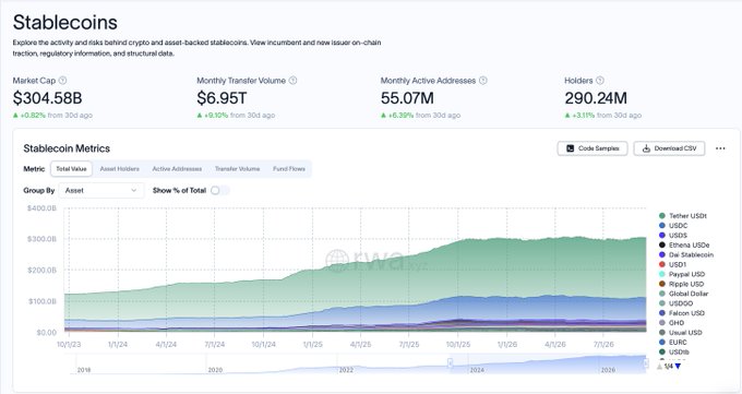 A Stablecoin market data dashboard from rwa.xyz shows a market cap of $304.58B, monthly transfer volume of $6.95T, monthly active addresses of 55.07M, and 290.24M holders, with Tether USDt being the largest asset.
