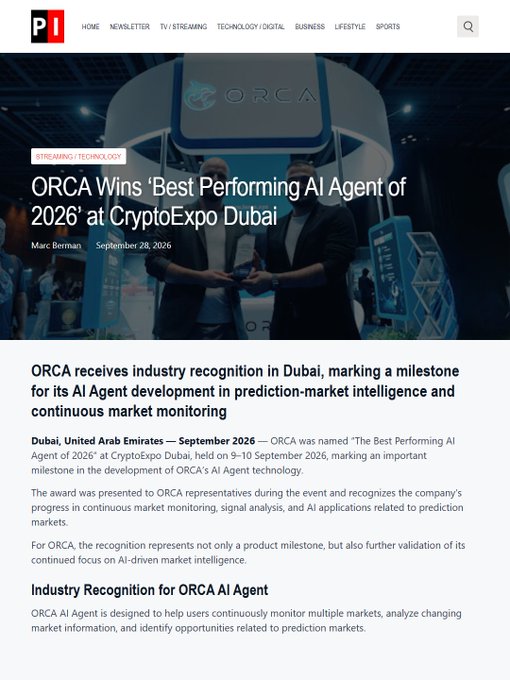 The image shows a P1 news article headlined "ORCA Wins 'Best Performing AI Agent of 2026' at CryptoExpo Dubai," featuring a photo of representatives holding the ORCA-branded trophy at the September 28, 2026 event in Dubai, with the article detailing ORCA's industry recognition for its AI Agent's work in prediction-market intelligence and continuous market monitoring.
