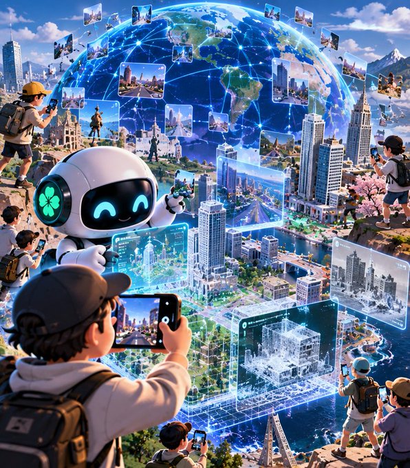 A vibrant digital illustration depicting a white robot with glowing green eyes amid a futuristic cityscape, with a large holographic globe and people holding smartphones capturing augmented reality images.