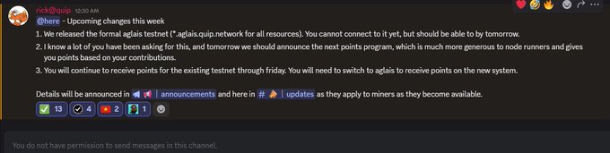 A Discord message from rick@qui in #here announcing upcoming changes including a formal agglas testnet at agglas.quip.network and a new points program for node runners.