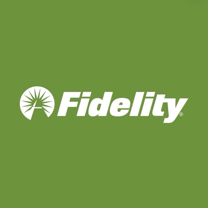 The image displays the Fidelity Investments logo in white text and icon against a solid green background. The logo features a stylized "F" with a sunburst design inside a circle next to the wordmark "Fidelity®," visually connecting to the news of Fidelity's ETF clients making significant Bitcoin ($BTC) purchases.