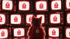 A digital illustration shows a figure from behind wearing a red hoodie, facing a wall of glowing red television screens displaying padlock icons.