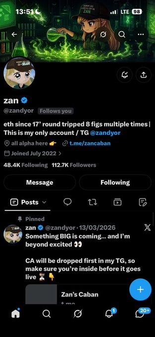 Twitter/X profile page for 'zan' (@zandyor) showing 112.7K followers, with a pinned tweet announcing 'Something BIG is coming... and I'm beyond excited' and promoting a TG channel for Caban drops.