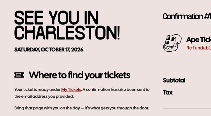 An event confirmation page reading 'SEE YOU IN CHARLESTON! SATURDAY, OCTOBER 17, 2026' with ticket details and instructions to bring the page for entry.