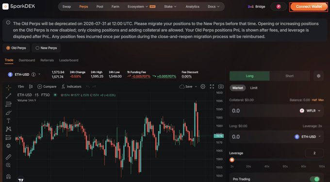 A screenshot of the SparkDEX trading platform showing an ETH/USD 15-minute candlestick chart, with a notification about old Perps being deprecated on 2026-07-31.