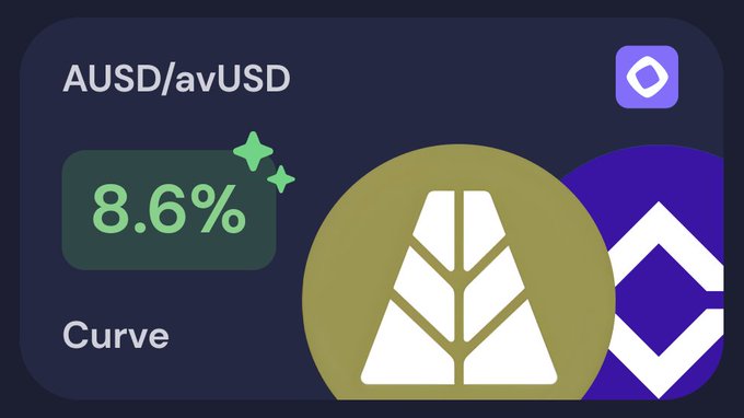The image showcases a promotional graphic for the AUSD/avUSD Curve vault on Beefy, highlighting an 8.6% APY with green sparkle accents and circular icons for AUSD (gold) and avUSD (purple), aligning with the post's message about earning yield on stablecoins through diversification.
