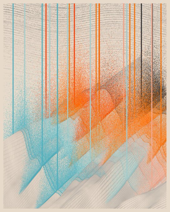 An abstract artwork featuring vertical streaks of blue, orange, and black overlaid on a textured background with flowing wave-like patterns.