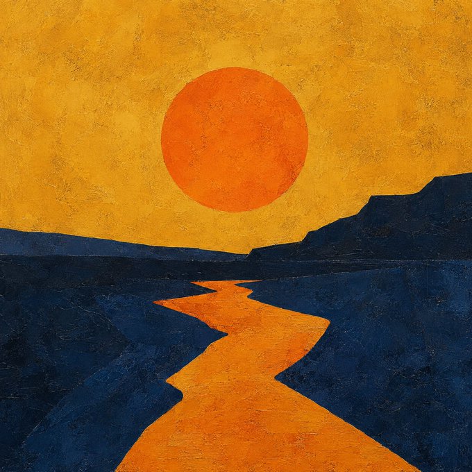 A textured painting features a large orange sun against a yellow sky, with a winding orange river flowing through dark blue cliffs and landscape.