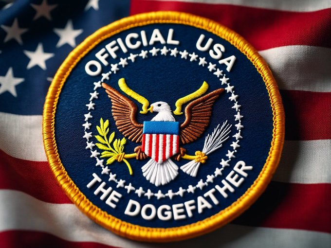 A circular embroidered patch featuring an eagle with a shield, surrounded by stars, with the text 'OFFICIAL USA THE DOGEFATHER' displayed on an American flag background.