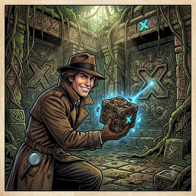 A stylized digital illustration of an Indiana Jones-like explorer in a fedora holds a glowing mystical cube adorned with an 'X' symbol inside ancient ruins.