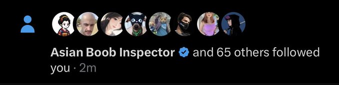 A notification reads "Asian Boob Inspector [verified] and 65 others followed you · 2m," showing a row of profile pictures of the new followers above the text, with the post's lone "?" punctuation suggesting confusion or disbelief at receiving a follow from that particular account.