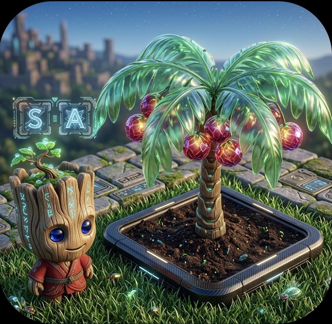 A whimsical digital artwork featuring Groot-like tree creatures, a palm tree with glowing red orbs, and rune-marked blocks labeled 'S' and 'A' set against a fantasy cityscape background.