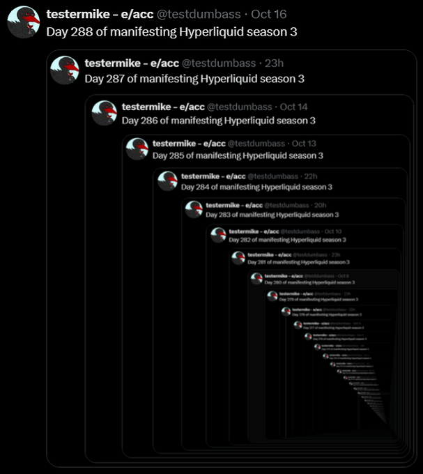 A recursive screenshot of Twitter/X posts by user 'testermike - e/acc (@testdumbass)' showing a 'Day X of manifesting Hyperliquid season 3' series cascading from Day 288 back through previous days.