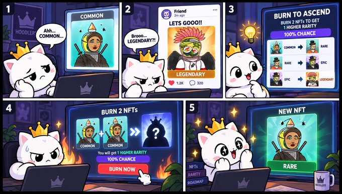 A five-panel comic strip showing the Hoodler mascot discovering a "COMMON" NFT, receiving a message "LETS GOOO!!!" from a friend with a legendary NFT, learning about a "BURN TO ASCEND" feature offering 100% chance of higher rarity, burning two common NFTs, and finally receiving a new "RARE" NFT. The comic illustrates the upcoming burn-to-ascend mechanic for Hoodler NFTs, tying into the project's rarity upgrade feature.
