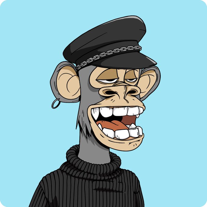 A digital cartoon drawing of a stylized ape character with a prominent underbite wearing a black military-style cap and a black turtleneck sweater against a light blue background.