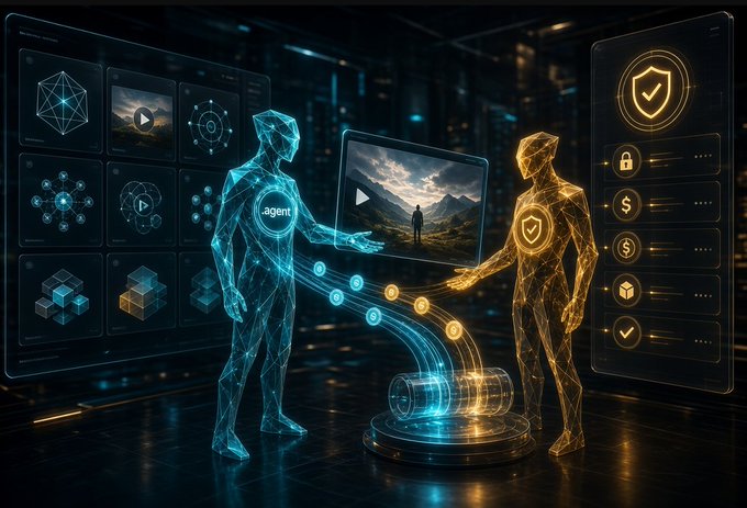A holographic blue agent labeled ".agent" and an orange agent marked with a shield icon face each other across a glowing platform, with streams of data flowing between them—visually representing the "agents hiring each other" concept behind Termix's AACP rails for on-chain identity and trustless collaboration.