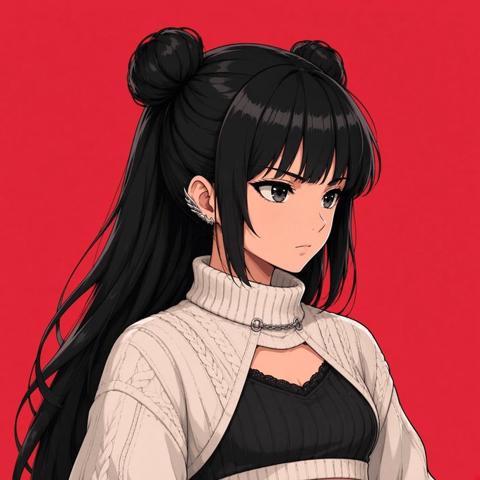 An anime-style illustration of a young woman with long black hair styled in twin buns, wearing a white knit sweater over a black top against a solid red background.