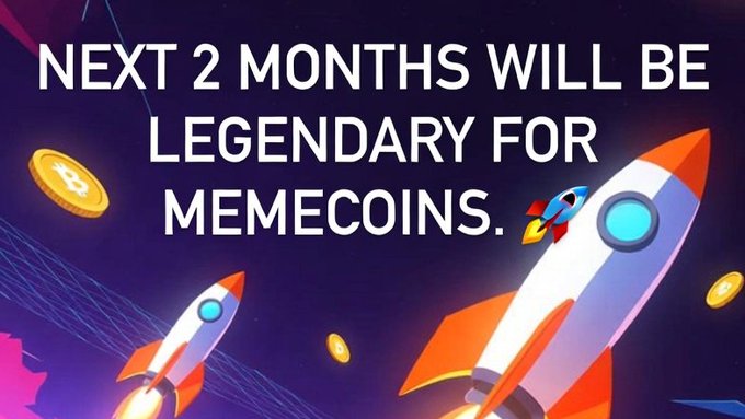A promotional graphic with rockets and coins flying through space reading 'NEXT 2 MONTHS WILL BE LEGENDARY FOR MEMECOINS.'